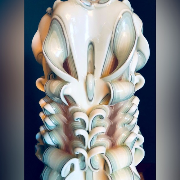 Handmade Carved Candle White with shades of green & shell, pink 12.5" h x 5.5"w - Picture 9 of 14